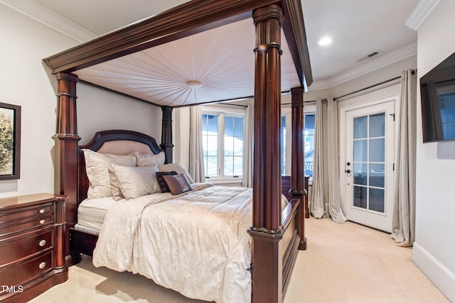 19 San Rimini Way, Durham, NC 27707 - bedroom with light carpet, ornamental molding, access to exterior, and recessed lighting