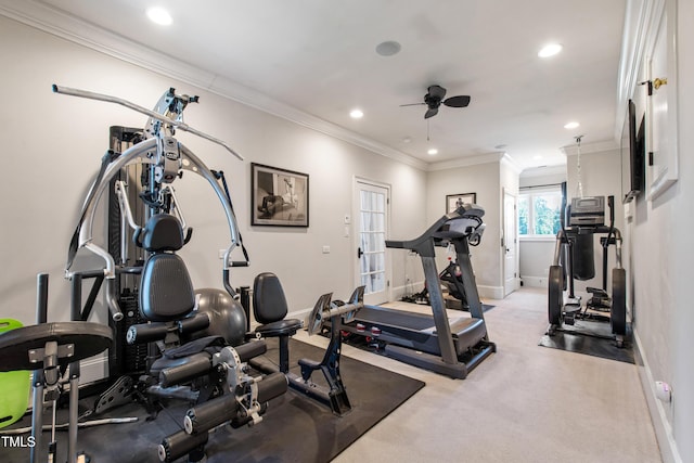 19 San Rimini Way, Durham, NC 27707 - exercise area featuring a ceiling fan, recessed lighting, crown molding, and light carpet