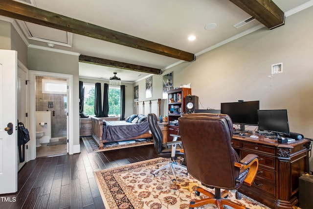 19 San Rimini Way, Durham, NC 27707 - home office featuring beamed ceiling, wood-type flooring, crown molding, and recessed lighting