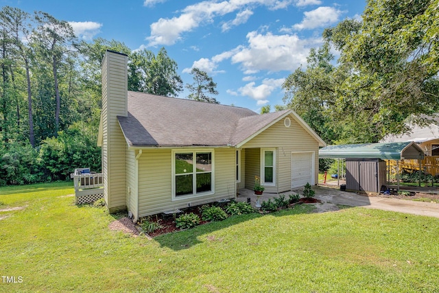 5700 Eagle Pass Cir, Fayetteville, NC 28304 - view of front facade with driveway, a front yard, a chimney, an attached garage, and roof with shingles