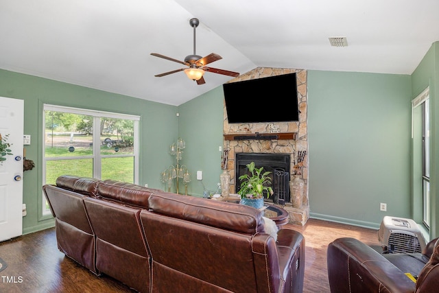 5700 Eagle Pass Cir, Fayetteville, NC 28304 - living room with a ceiling fan, a stone fireplace, wood finished floors, and lofted ceiling