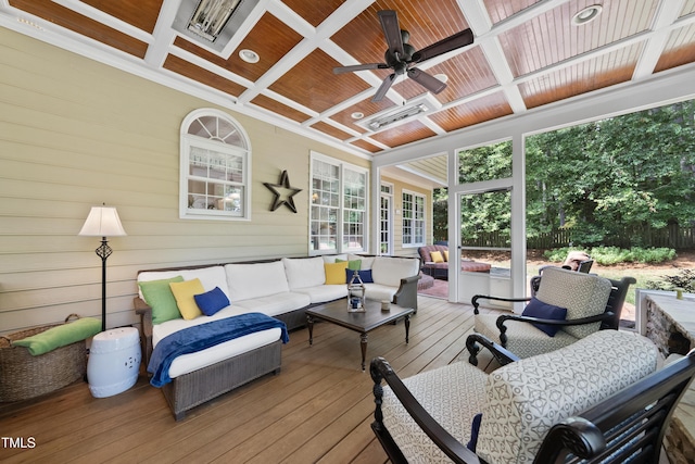 107 Ackworth Ct, Cary, NC 27519 - sunroom / solarium featuring outdoor lounge area, coffered ceiling, and ceiling fan