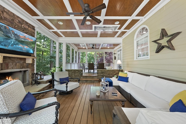 107 Ackworth Ct, Cary, NC 27519 - wooden deck with ceiling fan and an outdoor living space with a fireplace