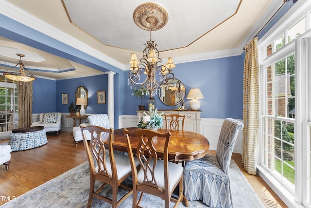 107 Ackworth Ct, Cary, NC 27519 - dining room featuring a tray ceiling, healthy amount of natural light, a chandelier, wood finished floors, and crown molding