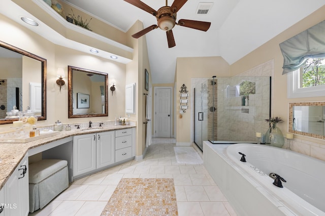 107 Ackworth Ct, Cary, NC 27519 - bathroom featuring vanity, a stall shower, a bath, ceiling fan, and high vaulted ceiling
