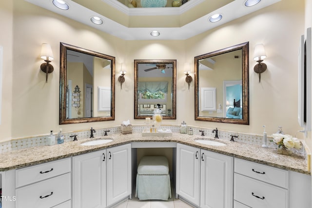 107 Ackworth Ct, Cary, NC 27519 - bathroom featuring double vanity, recessed lighting, crown molding, a ceiling fan, and tile patterned flooring