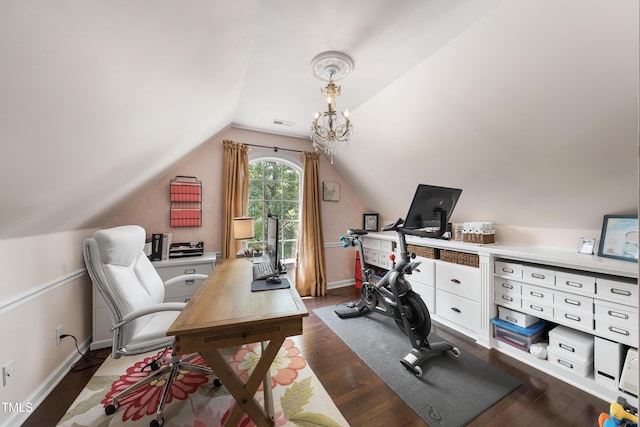 107 Ackworth Ct, Cary, NC 27519 - office area with a chandelier, lofted ceiling, and dark wood-type flooring