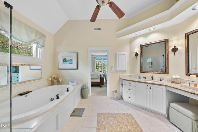 107 Ackworth Ct, Cary, NC 27519 - ensuite bathroom featuring a tub with jets, vanity, a ceiling fan, a shower, and crown molding
