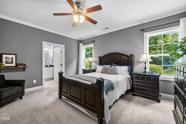 124 Moss Creek Pl, Fuquay Varina, NC 27526 - bedroom featuring light carpet, crown molding, a ceiling fan, and ensuite bath