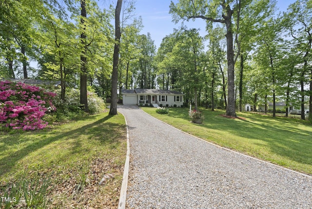 8613 Lobelia St, Raleigh, NC 27603 - ranch-style house with driveway, a front yard, and an attached garage
