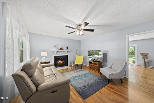 8613 Lobelia St, Raleigh, NC 27603 - living room with a fireplace with flush hearth, a ceiling fan, wood finished floors, and a textured ceiling