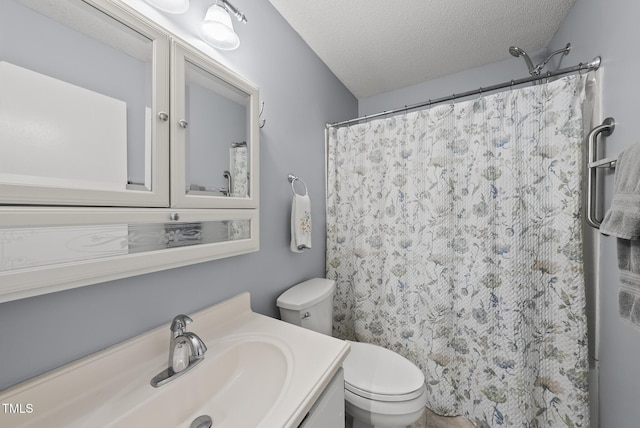 8613 Lobelia St, Raleigh, NC 27603 - bathroom with vanity, a textured ceiling, and curtained shower