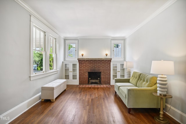 2005 Glenwood Ave, Raleigh, NC 27608 - living area featuring ornamental molding, wood finished floors, and a brick fireplace