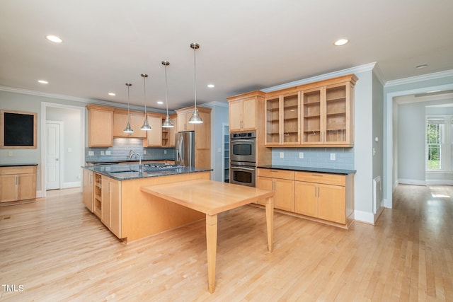 11 Kingswood Ln, Chapel Hill, NC 27517 - kitchen featuring stainless steel appliances, light brown cabinets, decorative backsplash, recessed lighting, and ornamental molding