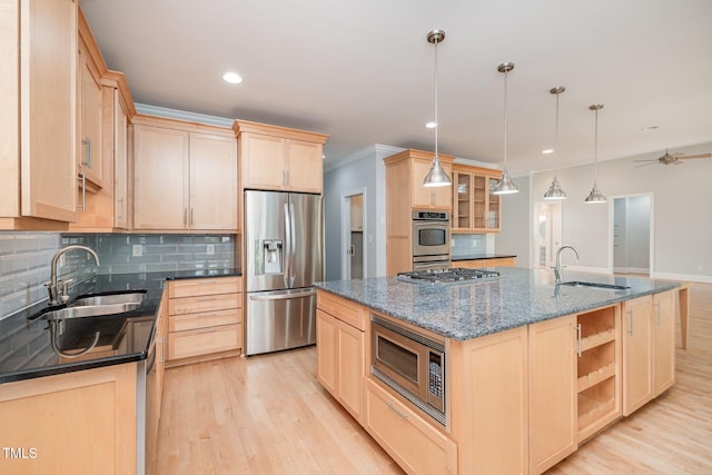 11 Kingswood Ln, Chapel Hill, NC 27517 - kitchen featuring stainless steel appliances, light brown cabinetry, light wood-type flooring, tasteful backsplash, and ornamental molding