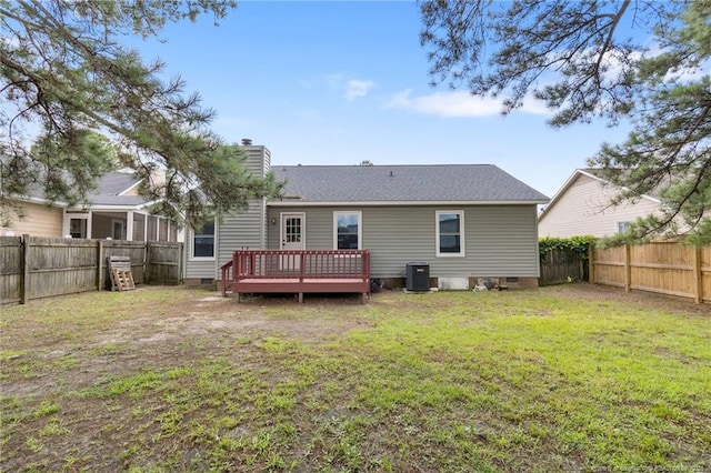 1591 Hazelcrest Dr, Fayetteville, NC 28304 - rear view of property featuring crawl space, a wooden deck, a fenced backyard, and a chimney