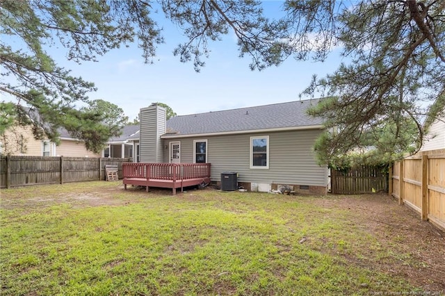 1591 Hazelcrest Dr, Fayetteville, NC 28304 - back of house with crawl space, a fenced backyard, a deck, a chimney, and roof with shingles