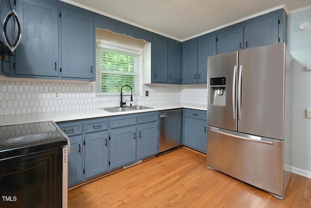 3300 Shaftsbury Drive St, Durham, NC 27704 - kitchen featuring appliances with stainless steel finishes, blue cabinets, light wood-style floors, tasteful backsplash, and ornamental molding
