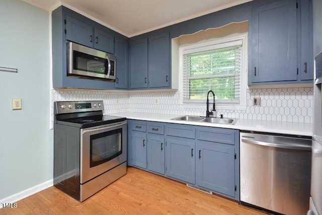 3300 Shaftsbury Drive St, Durham, NC 27704 - kitchen featuring stainless steel appliances, light wood-style flooring, light countertops, decorative backsplash, and blue cabinetry