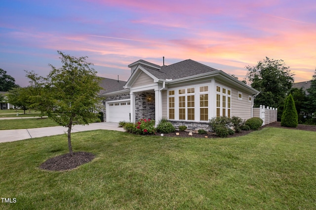 1164 Hudson Dr, Mebane, NC 27302 - ranch-style house with an attached garage, concrete driveway, stone siding, and a shingled roof