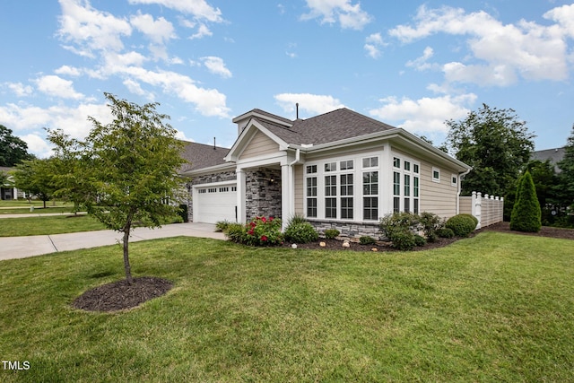 1164 Hudson Dr, Mebane, NC 27302 - ranch-style home with stone siding, driveway, an attached garage, a front yard, and a shingled roof