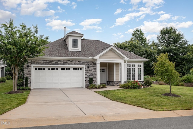 1164 Hudson Dr, Mebane, NC 27302 - view of front of property featuring stone siding, a front yard, concrete driveway, an attached garage, and roof with shingles