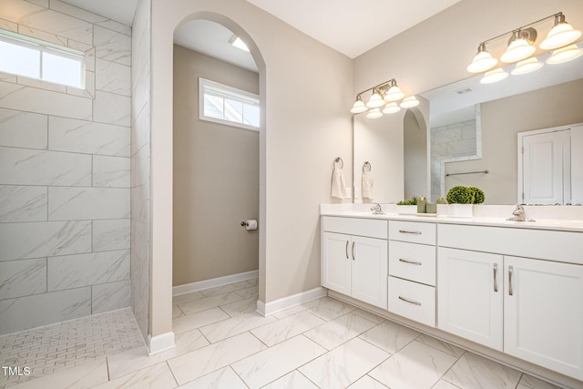 1164 Hudson Dr, Mebane, NC 27302 - bathroom with marble finish flooring, double vanity, and a walk in shower