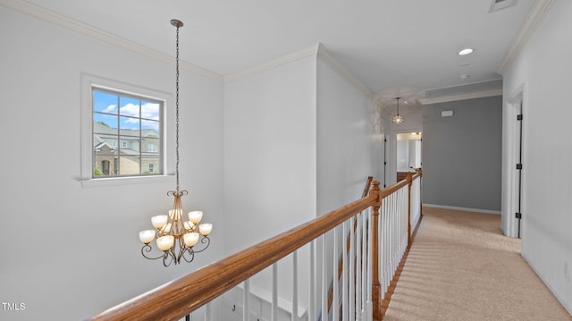 1019 Falkirk Dr, Burlington, NC 27215 - hall with a chandelier, light colored carpet, crown molding, an upstairs landing, and recessed lighting
