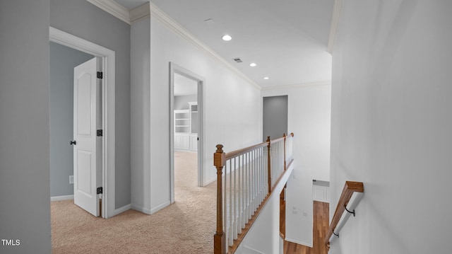 1019 Falkirk Dr, Burlington, NC 27215 - hall featuring an upstairs landing, ornamental molding, recessed lighting, and carpet floors