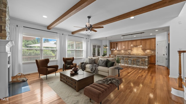 1019 Falkirk Dr, Burlington, NC 27215 - living area with a ceiling fan, light wood-type flooring, beam ceiling, and recessed lighting