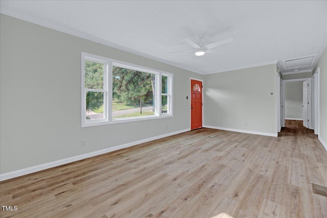 1109 Magnolia Dr, Durham, NC 27707 - unfurnished room featuring ornamental molding, light wood-type flooring, attic access, and ceiling fan