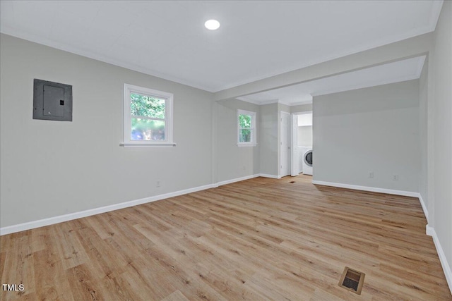 1109 Magnolia Dr, Durham, NC 27707 - unfurnished room with electric panel, washer / dryer, and light wood-type flooring