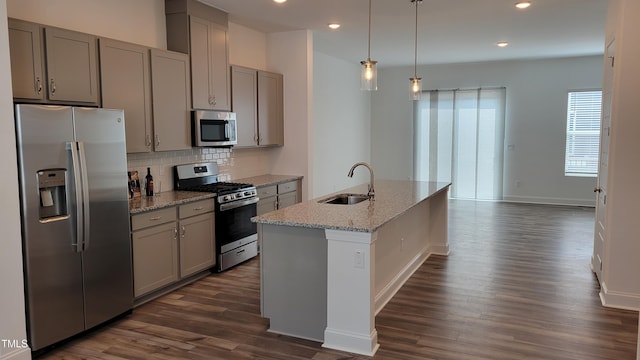 506 Village Branch Ln, Wake Forest, NC 27587 - kitchen with appliances with stainless steel finishes, gray cabinetry, dark wood-style flooring, and recessed lighting