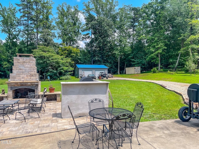 125 Al Gray Rd, Timberlake, NC 27583 - view of patio / terrace featuring an outdoor brick fireplace, view of scattered trees, and outdoor dining area