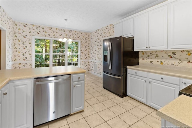 8017 Trout Creek Rd, Fayetteville, NC 28304 - kitchen with stainless steel dishwasher, refrigerator with ice dispenser, wallpapered walls, light tile patterned floors, and a chandelier