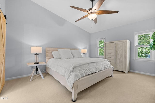 103 Wyseferry Ct, Morrisville, NC 27560 - bedroom with light colored carpet, vaulted ceiling, and ceiling fan