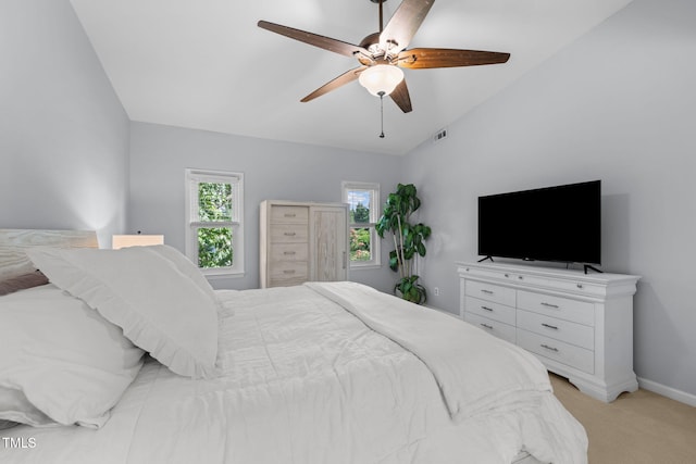 103 Wyseferry Ct, Morrisville, NC 27560 - bedroom featuring light colored carpet, a ceiling fan, and lofted ceiling