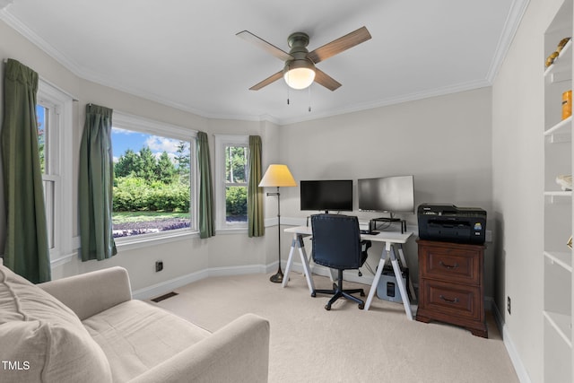 103 Wyseferry Ct, Morrisville, NC 27560 - carpeted office featuring a ceiling fan and crown molding