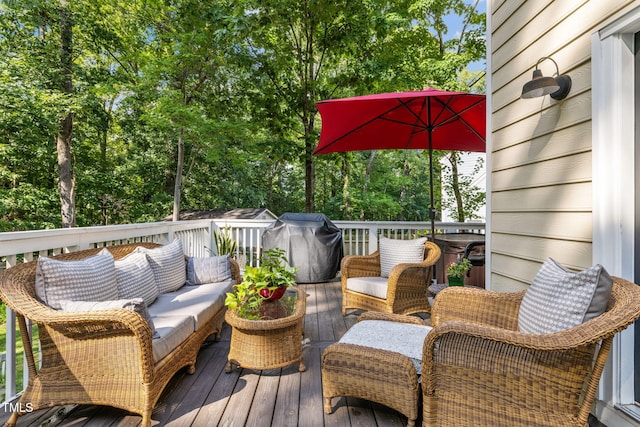 103 Wyseferry Ct, Morrisville, NC 27560 - wooden deck with outdoor lounge area and a grill