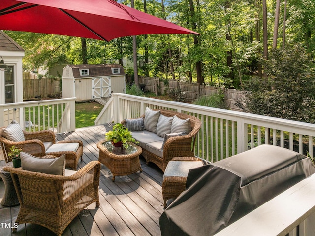 103 Wyseferry Ct, Morrisville, NC 27560 - wooden deck featuring an outdoor living space, a shed, a fenced backyard, and a grill