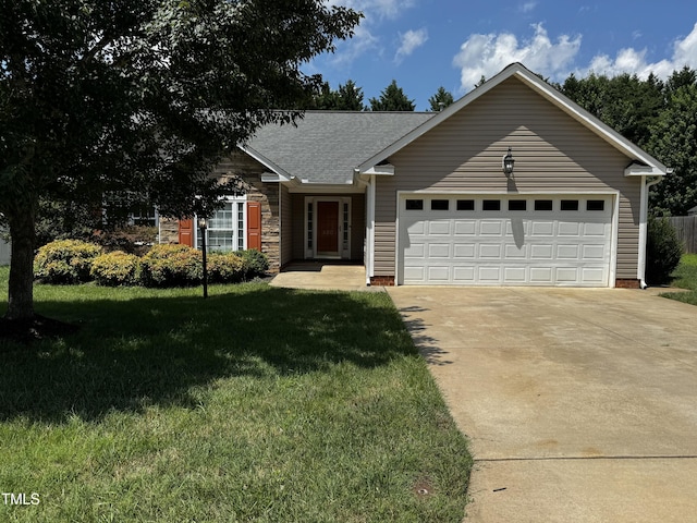 120 Cypress Ct, Gibsonville, NC 27244 - single story home featuring driveway, a front yard, a garage, and a shingled roof