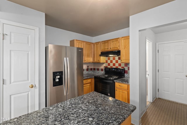5528 Wilhagan Ct, Raleigh, NC 27616 - kitchen with stainless steel fridge with ice dispenser, black range with electric cooktop, under cabinet range hood, backsplash, and dark stone countertops