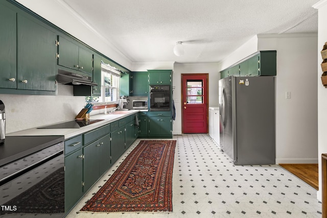 2603 Fairlawn Rd, Durham, NC 27705 - kitchen with black appliances, under cabinet range hood, a textured ceiling, light flooring, and ornamental molding