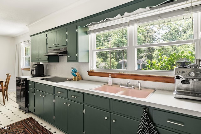 2603 Fairlawn Rd, Durham, NC 27705 - kitchen with under cabinet range hood, black electric cooktop, green cabinetry, and ornamental molding
