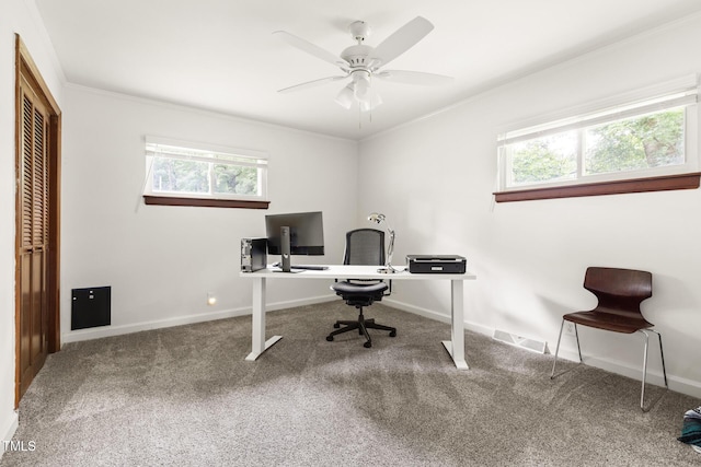 2603 Fairlawn Rd, Durham, NC 27705 - home office featuring healthy amount of natural light, carpet flooring, a ceiling fan, and ornamental molding