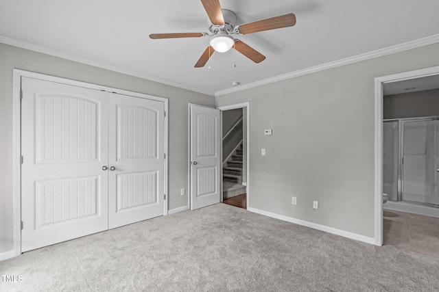 1014 Summerhouse Rd, Cary, NC 27519 - unfurnished bedroom featuring carpet flooring, ornamental molding, a closet, ensuite bathroom, and a ceiling fan