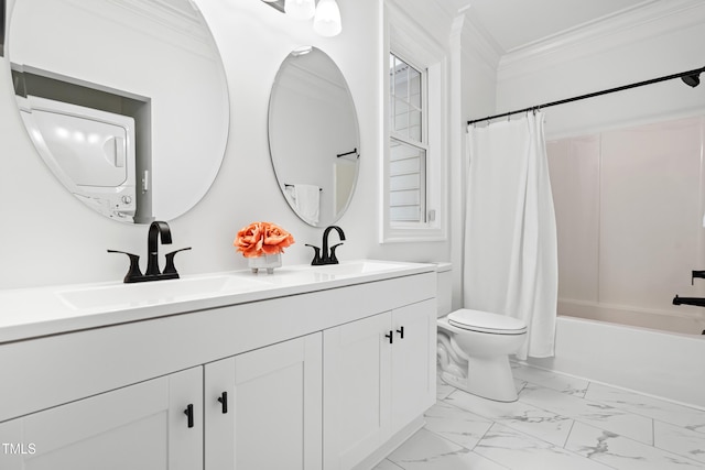 1310 Durlain Dr Unit 102, Raleigh, NC 27614 - bathroom with ornamental molding, double vanity, shower / bathtub combination with curtain, and marble finish flooring