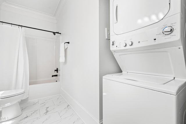1310 Durlain Dr Unit 102, Raleigh, NC 27614 - laundry room with stacked washer / drying machine, crown molding, and marble look tiles