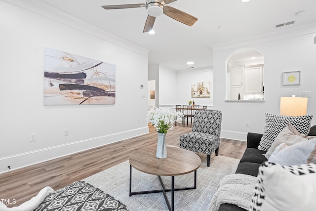 1310 Durlain Dr Unit 102, Raleigh, NC 27614 - living room featuring ornamental molding, wood finished floors, a ceiling fan, and recessed lighting