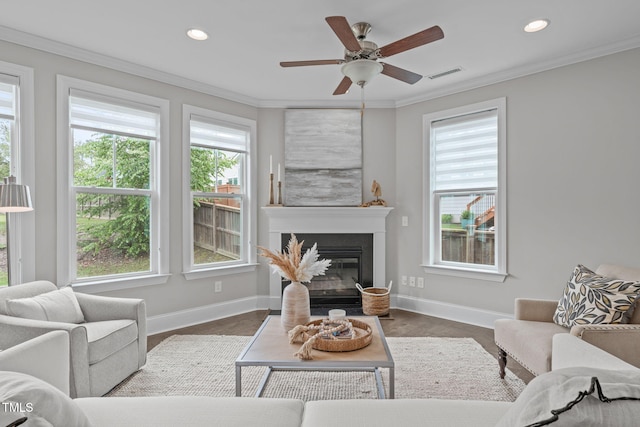 1017 Blackpool Ct, Apex, NC 27502 - living room with plenty of natural light, crown molding, a glass covered fireplace, recessed lighting, and a ceiling fan